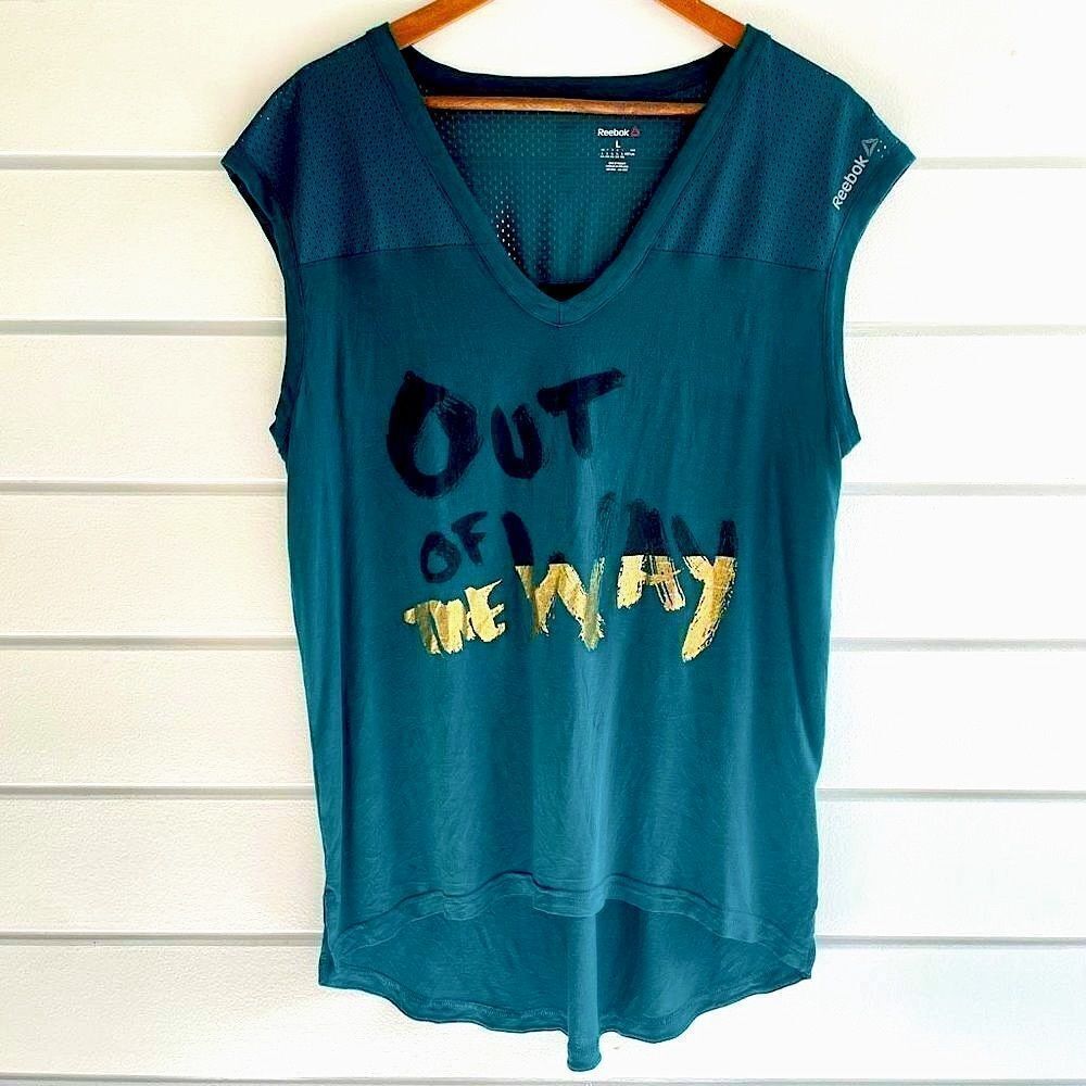 Reebok Women's Teal Gold Out Of The Way Hi Low Hem Muscle Tank Top Large NWOT